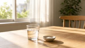 朝の木製テーブルに置かれた水のグラスと少量の塩