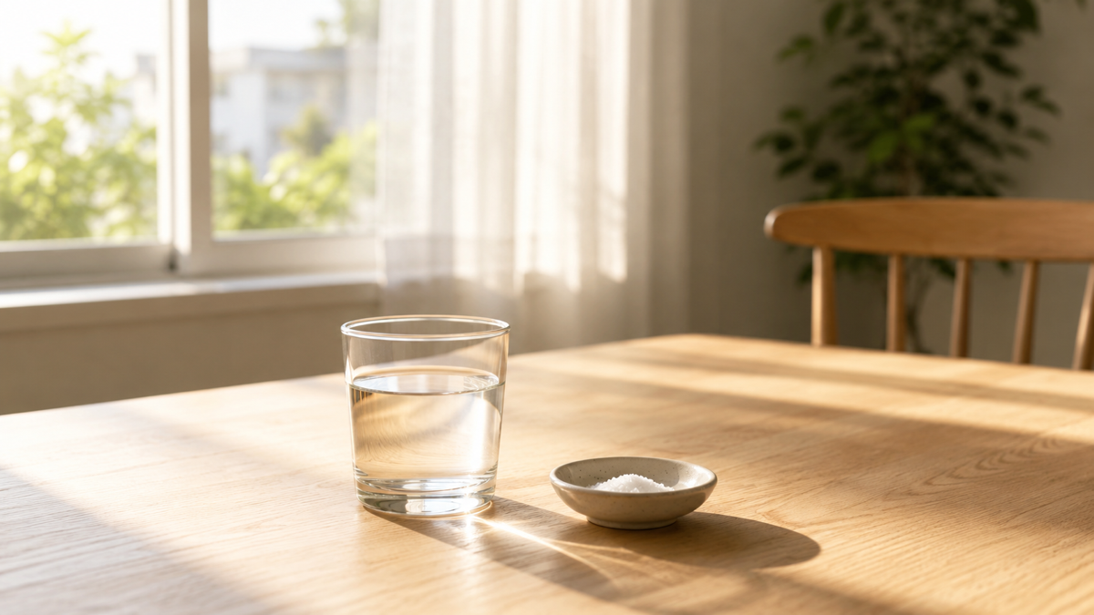 朝の木製テーブルに置かれた水のグラスと少量の塩